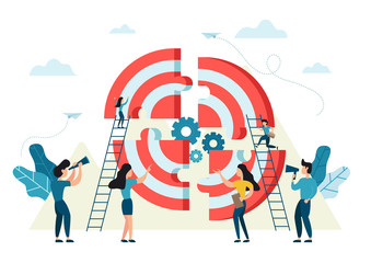 People connecting puzzle elements to build a target board. Vector illustration business concept. Team metaphor flat design style. Symbol of teamwork, cooperation, partnership for idea and success.