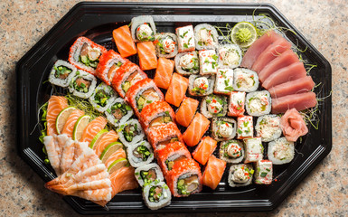 Sushi maki roll set with many roll types on plate