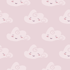Sleeping cloud seamless pattern. Hand drawn character cloud sky wallpaper. Pastel colors.