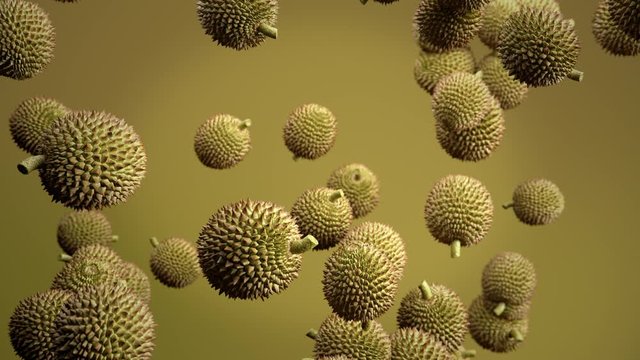 Durian fruit drop down falling from top. 3D animation. Selective focus. 4K