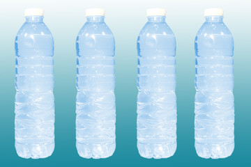 many clear plastic bottle with full water   on blue gradient background . healthcare drinking concept for advertising