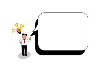 business man presenting with a white speech bubble with space for text and yellow light bulb idea vector.