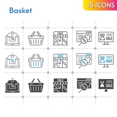 Fototapeta premium basket icon set. included online shop, shop, shopping-basket, shopping basket icons on white background. linear, bicolor, filled styles.