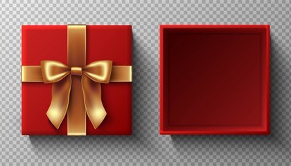 3d realistic vector icon of present square red box with a golden ribbon bow in top view. Open package mockup, design template with cover top. 