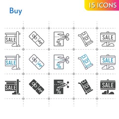 buy icon set. included sale, voucher, discount, trolley icons on white background. linear, bicolor, filled styles.