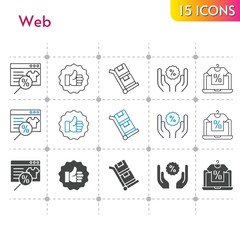 web icon set. included online shop, like, discount, trolley icons on white background. linear, bicolor, filled styles.