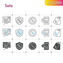 sale icon set. included online shop, price tag, warranty, discount icons on white background. linear, bicolor, filled styles.