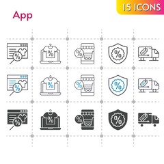 app icon set. included online shop, warranty, delivery truck icons on white background. linear, bicolor, filled styles.