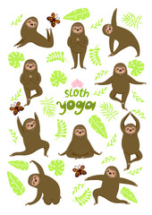 Fototapeta premium Sloth yoga. Different poses. Sloths isolated on a white background. Vector graphics.