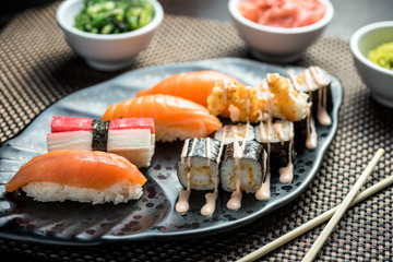 Spicy Sushi set with 12 pieces and various maki