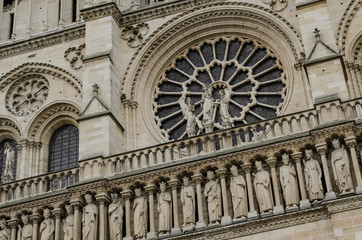 Facade of the Notre Dame Cathedral,  Paris, France.