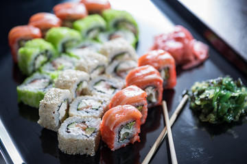 Sushi set with various maki and uramaki sushi type