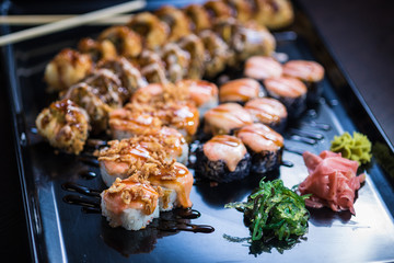 Hot Sushi set with various maki and uramaki sushi