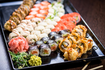 Sushi set with various maki and uramaki sushi type