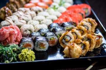 Sushi set with various maki and uramaki sushi type