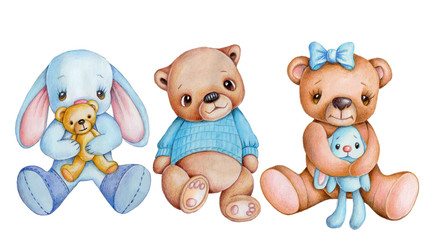 Watercolor illustration of three cute soft plush toys bunny and teddy bears. Isolated.