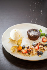Chocolate fondant with vanilla ice cream, almond