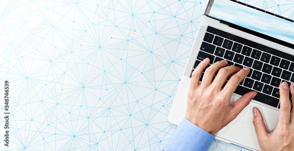 Poster Network technology and structure. Top view of business man using laptop.