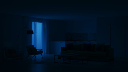 Fototapeta na wymiar Modern bedroom interior with blue walls and a yellow sofa. Neo Memphis style interior. Night. Evening lighting. 3D rendering.