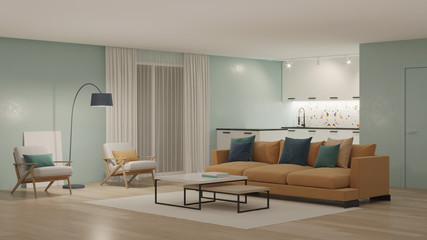 Modern bedroom interior with blue walls and a yellow sofa. Neo Memphis style interior. Night. Evening lighting. 3D rendering.