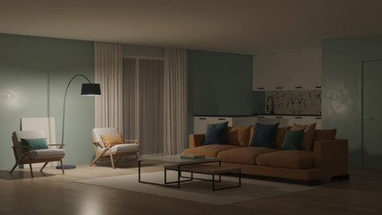 Modern bedroom interior with blue walls and a yellow sofa. Neo Memphis style interior. Night. Evening lighting. 3D rendering.