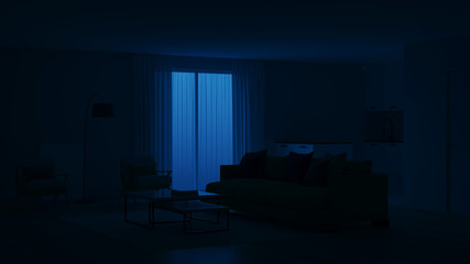 Fototapeta na wymiar Modern bedroom interior with blue walls and a yellow sofa. Neo Memphis style interior. Night. Evening lighting. 3D rendering.
