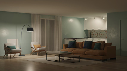 Modern bedroom interior with blue walls and a yellow sofa. Neo Memphis style interior. Night. Evening lighting. 3D rendering.