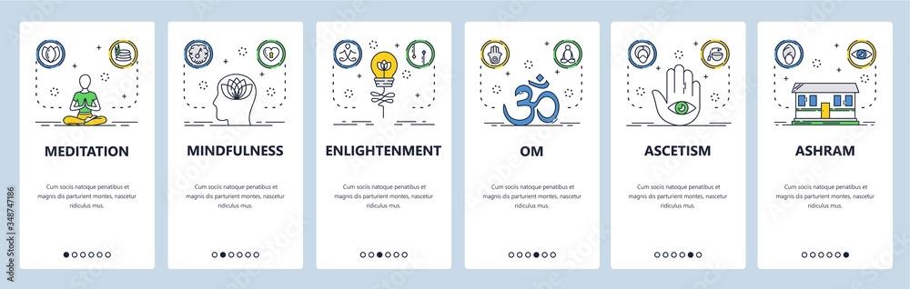 Poster meditation website and mobile app onboarding screens vector template