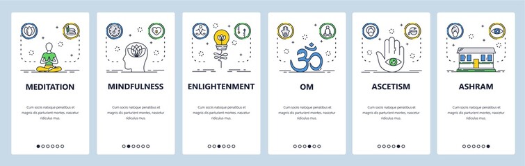 Meditation website and mobile app onboarding screens vector template