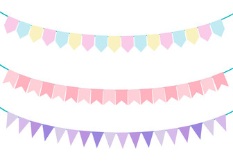 Part decorating concept with pastel pennants hanging above. Vector illustration with copy space for your text. Greeting or Party invitation with carnival flag garlands.