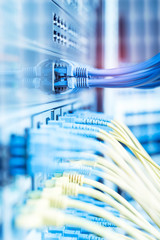 network cable connecting on network core switch close up