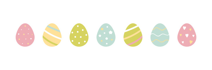 Cute vector easter egg pastel colors set, collection with dots, stars, stripes, hearts ornaments.