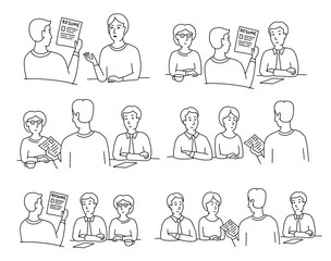 HR interview sketch set. Employee screening, talking with a job applicant. Male recruiter hired, reading resume. Hand drawn. Contour line. Vector cartoon.