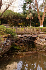 Obraz na płótnie Canvas Wooden bridge over little river in city park