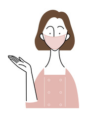 紹介・案内のポーズの女性／エステティシャン／マスク着用