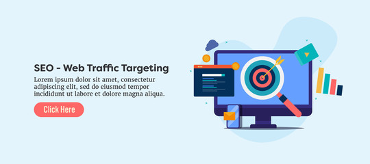 Online web traffic targeting with search engine optimization method, seo service for business website, internet, technology concept. Web banner presentation with text and button.
