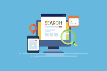 Search engine optimization, local seo, digital marketing, on-page seo, mobile search seo with magnifying glass concept. Internet and marketing technology with blue background.