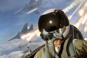Pilot cockpit view during air to air combat with missiles flares chaff being deployed