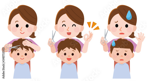 セルフカット 子供の髪を切る母親 男の子 イラスト Boy Wall Mural B こけ田