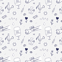 Blood donation seamless pattern. Vector doodle medical background to support donors. 