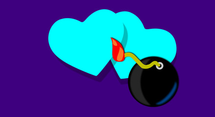 Relationship error. Toxic love concept. Illustration of two hearts and bomb. Modern and elegant design. Warning, dangerous feelings. Faulty affinity.