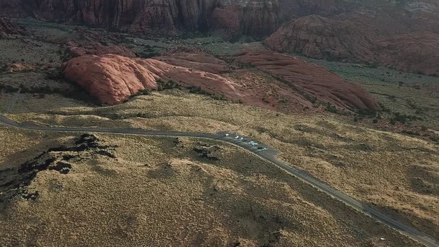 Drone Aerial View of Road in Valley of Snow Canyon State Park, Natural Reserve and Hiking Tral in Utah Desert USA