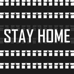 Obraz premium Stay at home slogan with skyscraper and people inside. Social distance concept. Protection humans from coronavirus, covid 19. Stay home quote, text, hashtag. Vector social illustration.