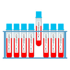 Set of glass tubes with blood for test on covid-19, coronavirus. All tests are positive, one negative. Blood samples. Virus analysis for laboratory. Vector illustration on white background.

