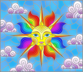 Illustration in stained glass style with fabulous sun with the face on the background of sky and clouds, oval image