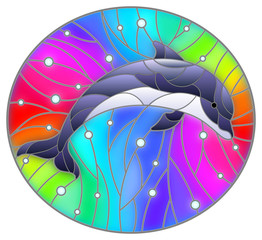 Illustration in the style of stained glass with dolphin on a rainbow background  and air bubbles © Zagory