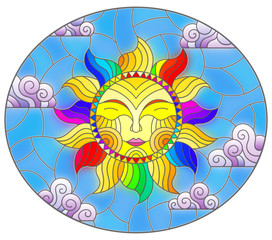 Illustration in stained glass style with fabulous sun with the face on the background of sky and clouds, oval image