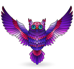 Obraz premium Stained glass illustration with purple owl, bright bird isolated on white background