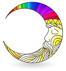 Stained glass illustration  with a  moon with faces, isolated on a white background 