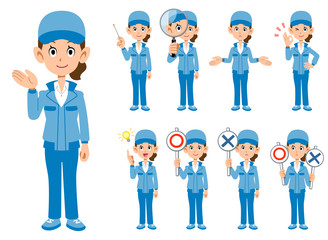 作業着の女性の9種類の表情
